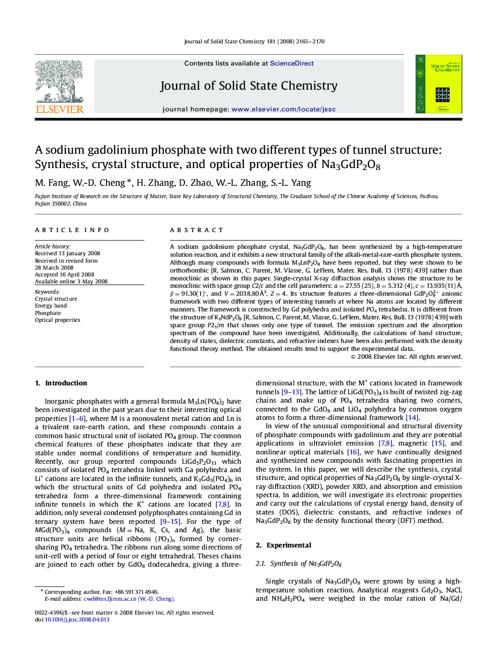 A sodium gadolinium phosphate with two different types of tunnel structure: Synthesis, crystal structure, and optical properties of Na3GdP2O8