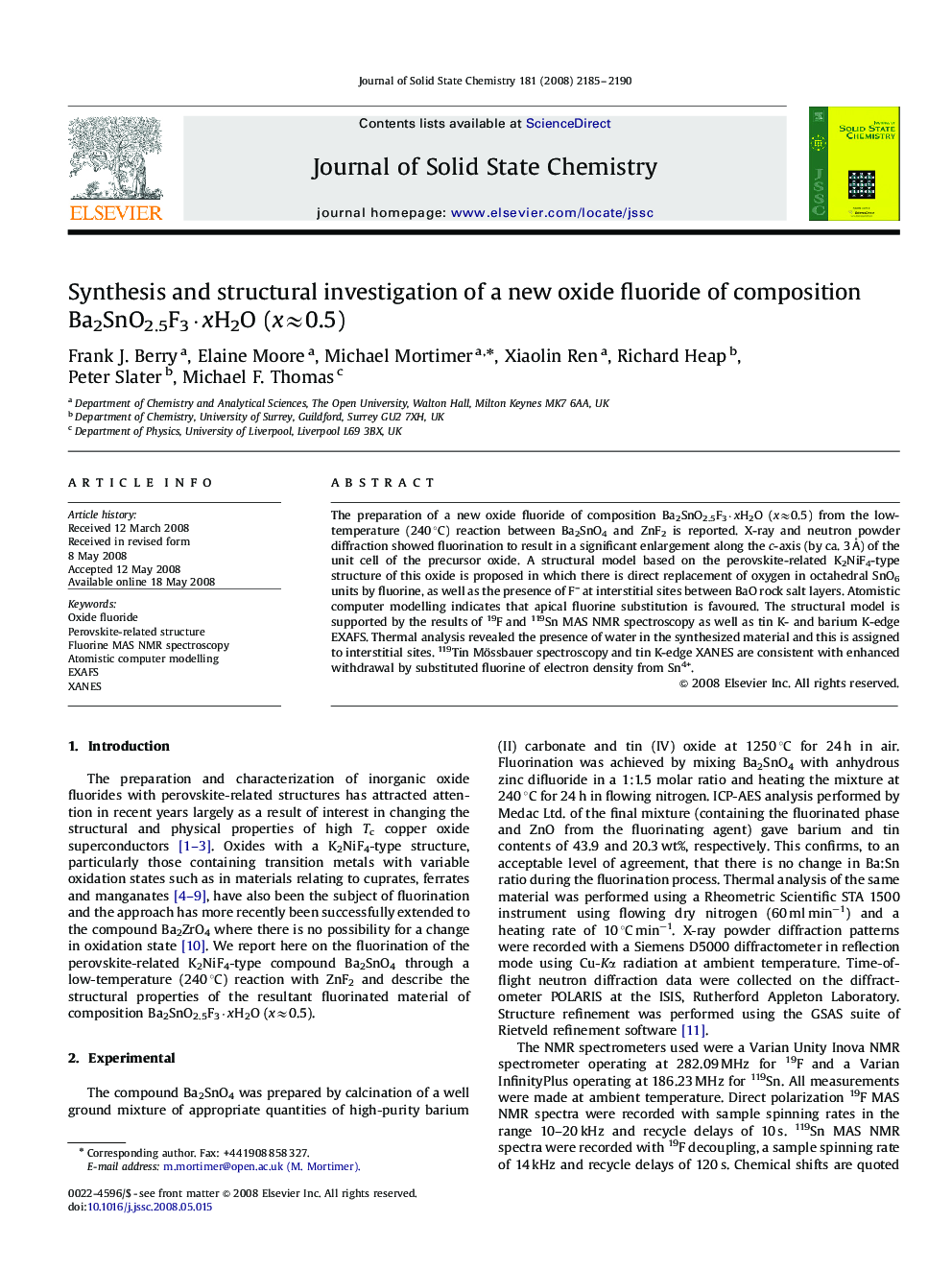 Synthesis and structural investigation of a new oxide fluoride of composition Ba2SnO2.5F3·xH2O (x≈0.5)