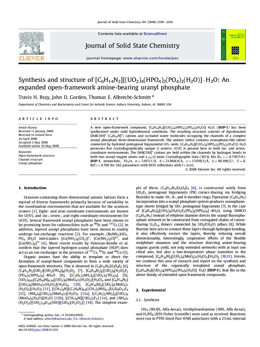 Synthesis and structure of [C6H14N2][(UO2)4(HPO4)2(PO4)2(H2O)]Â·H2O: An expanded open-framework amine-bearing uranyl phosphate