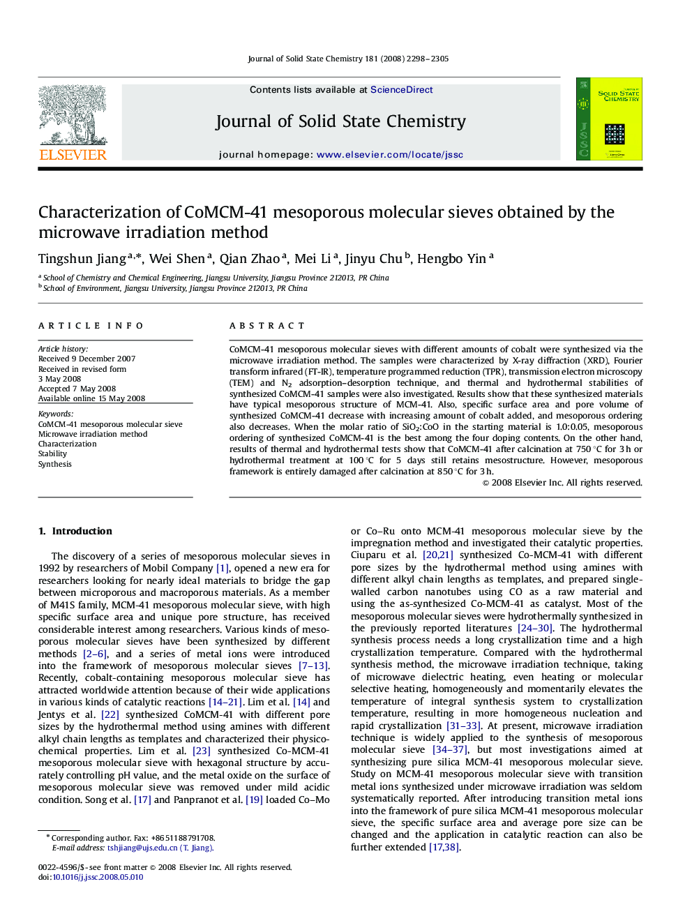 Characterization of CoMCM-41 mesoporous molecular sieves obtained by the microwave irradiation method