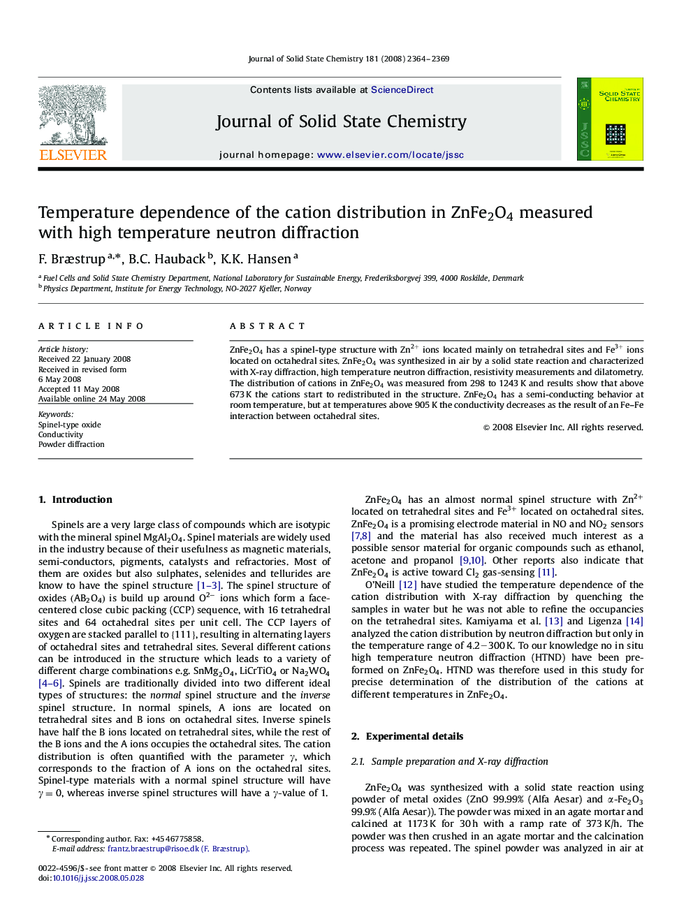 Temperature dependence of the cation distribution in ZnFe2O4ZnFe2O4 measured with high temperature neutron diffraction