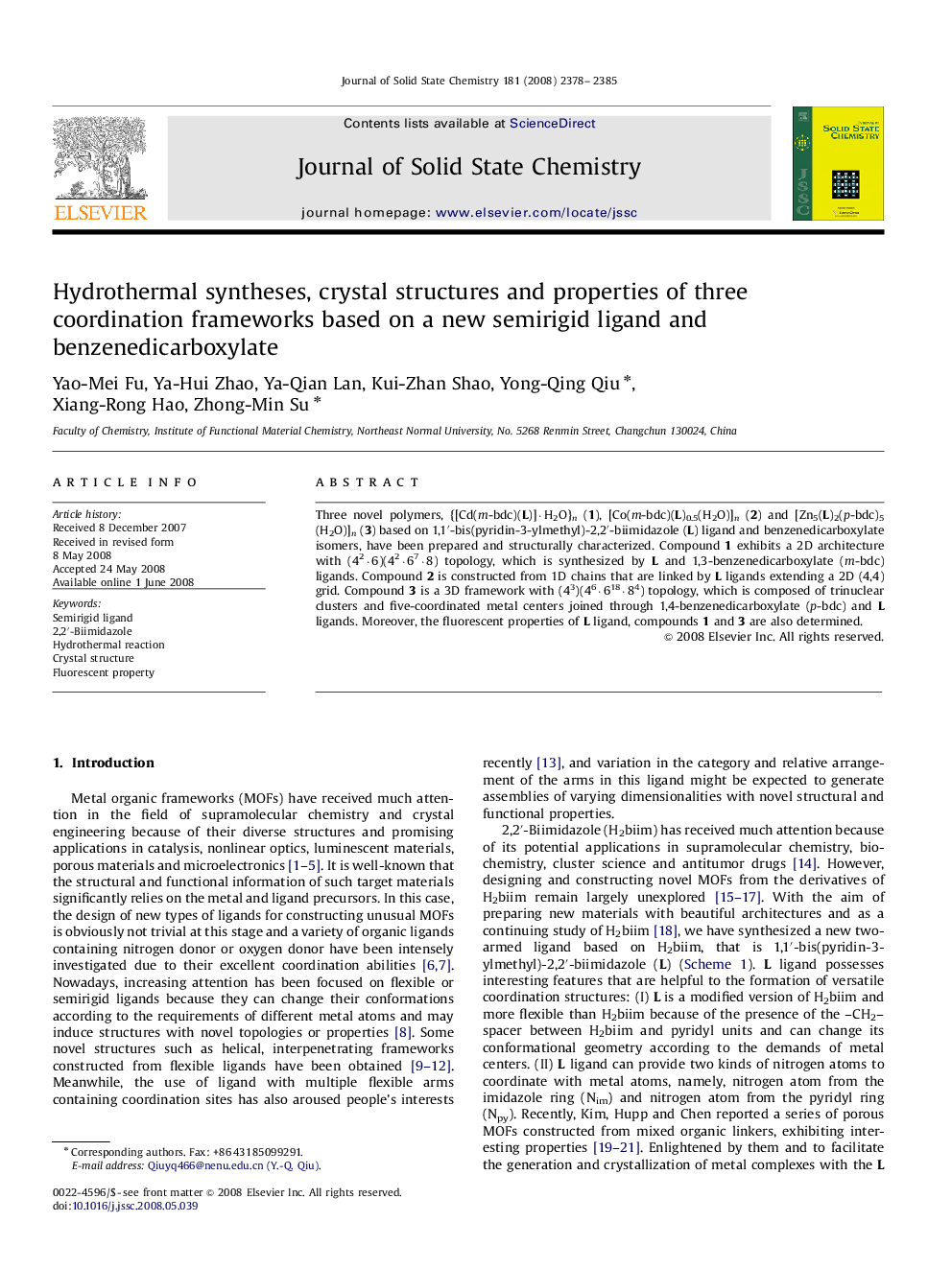 عکس صفحه اول مقاله: Hydrothermal syntheses, crystal structures and properties of three coordination frameworks based on a new semirigid ligand and benzenedicarboxylate Hydrothermal syntheses, crystal structures and properties of three coordination frameworks based on a new semirigid ligand and benzenedicarboxylate