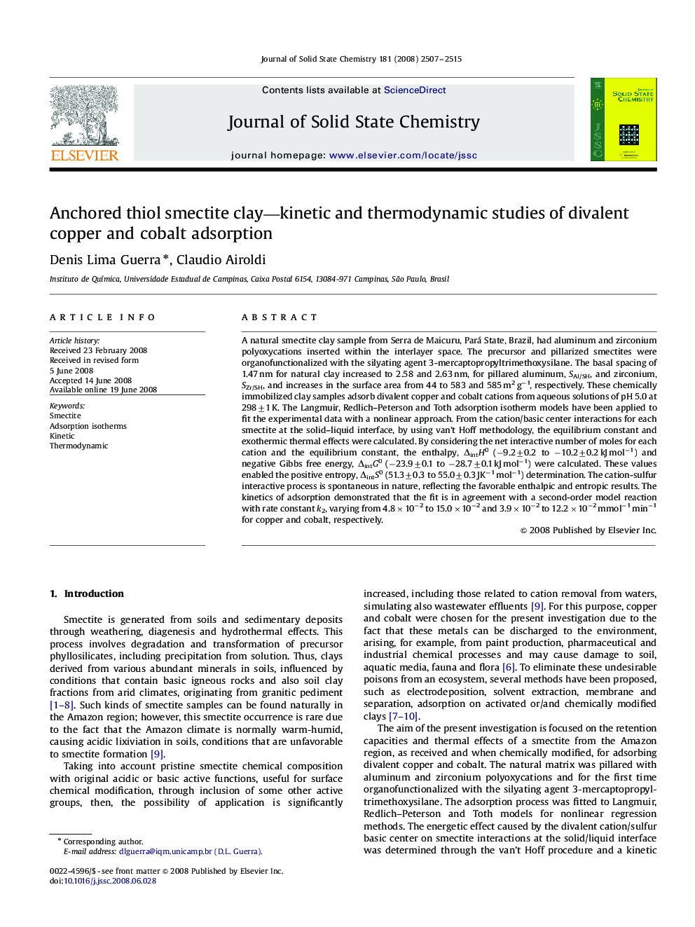 Anchored thiol smectite clay—kinetic and thermodynamic studies of divalent copper and cobalt adsorption