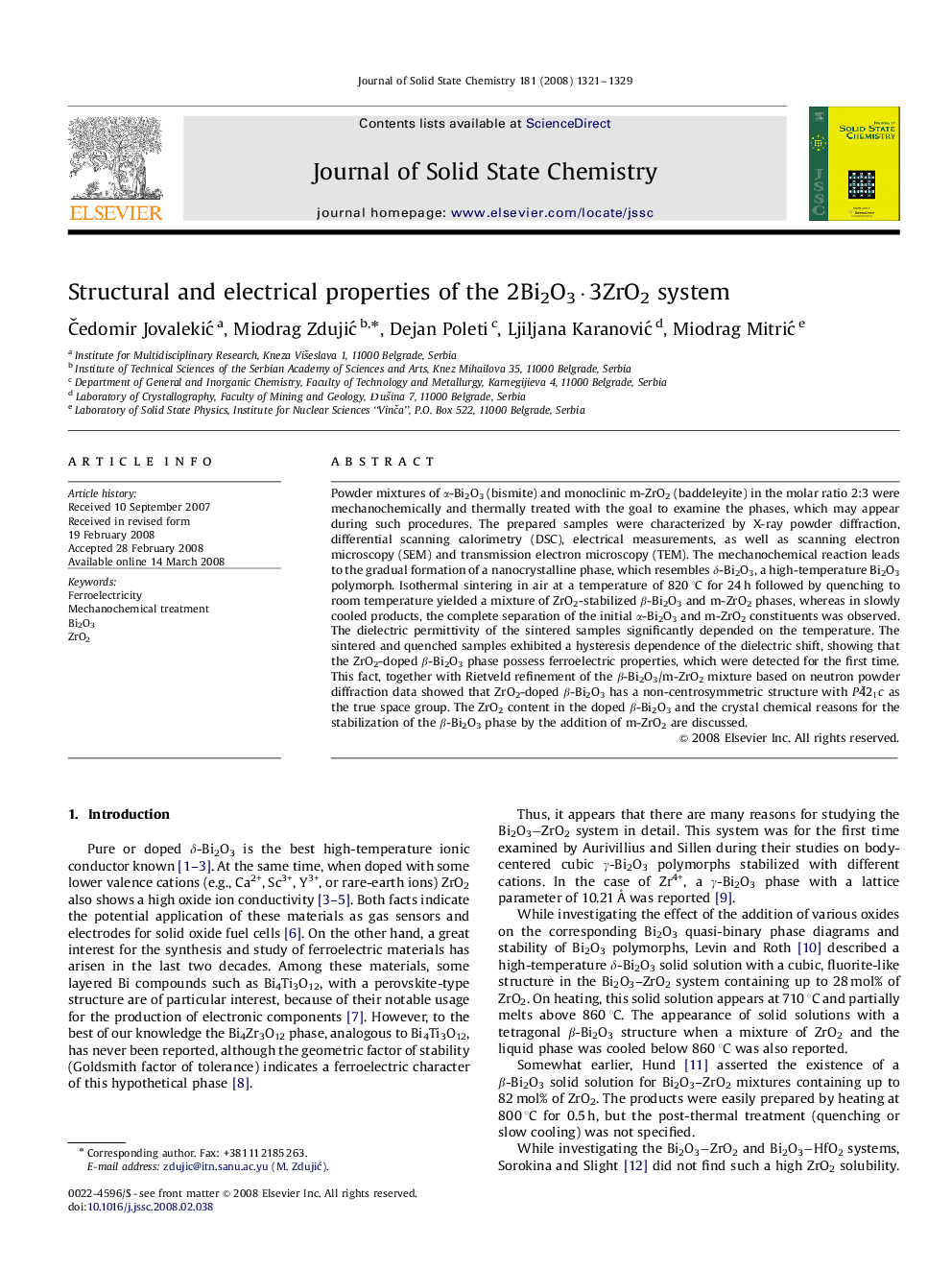 Structural and electrical properties of the 2Bi2O3·3ZrO2 system