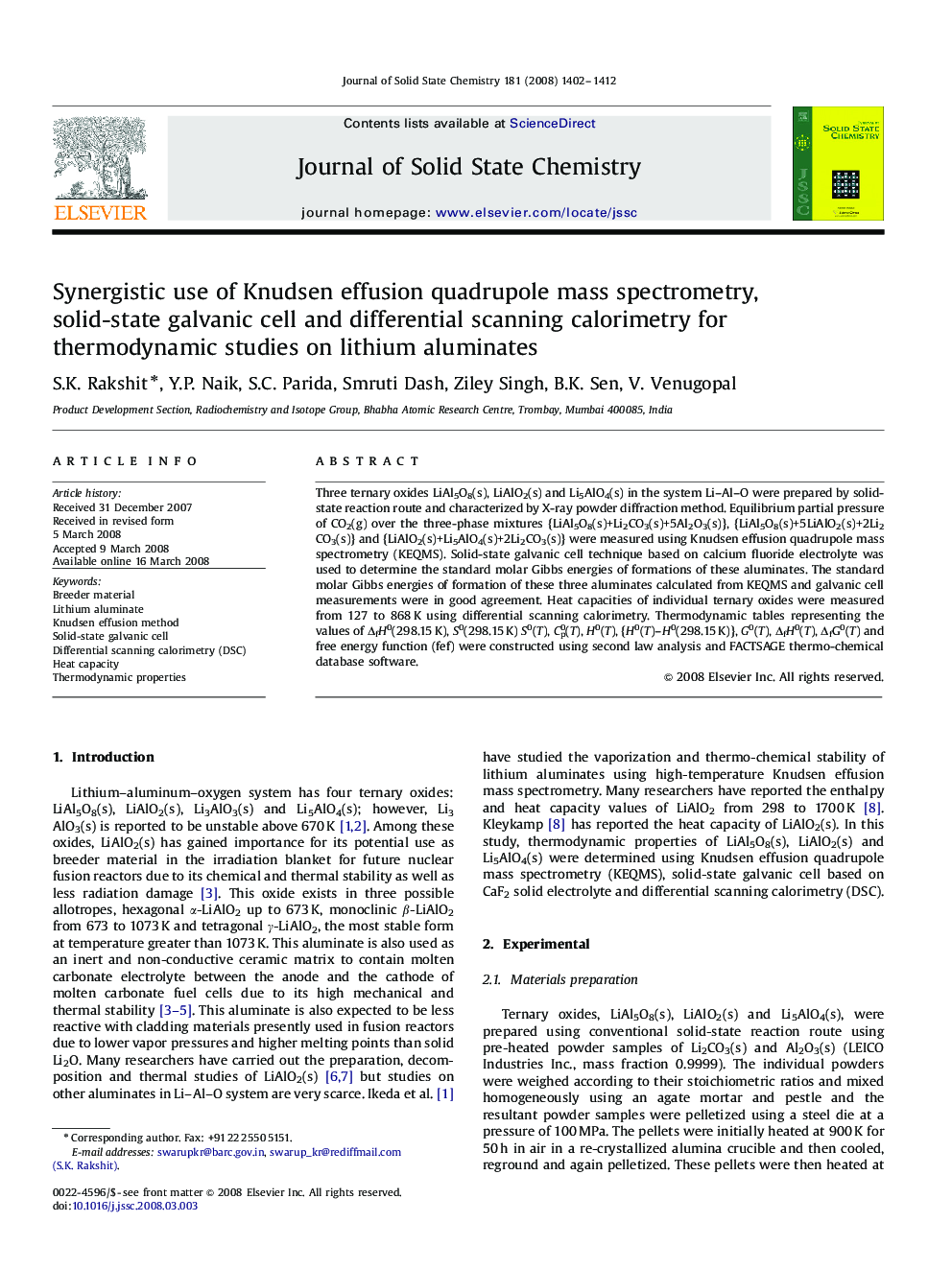 Synergistic use of Knudsen effusion quadrupole mass spectrometry, solid-state galvanic cell and differential scanning calorimetry for thermodynamic studies on lithium aluminates