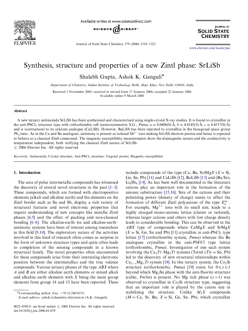 Synthesis, structure and properties of a new Zintl phase: SrLiSb