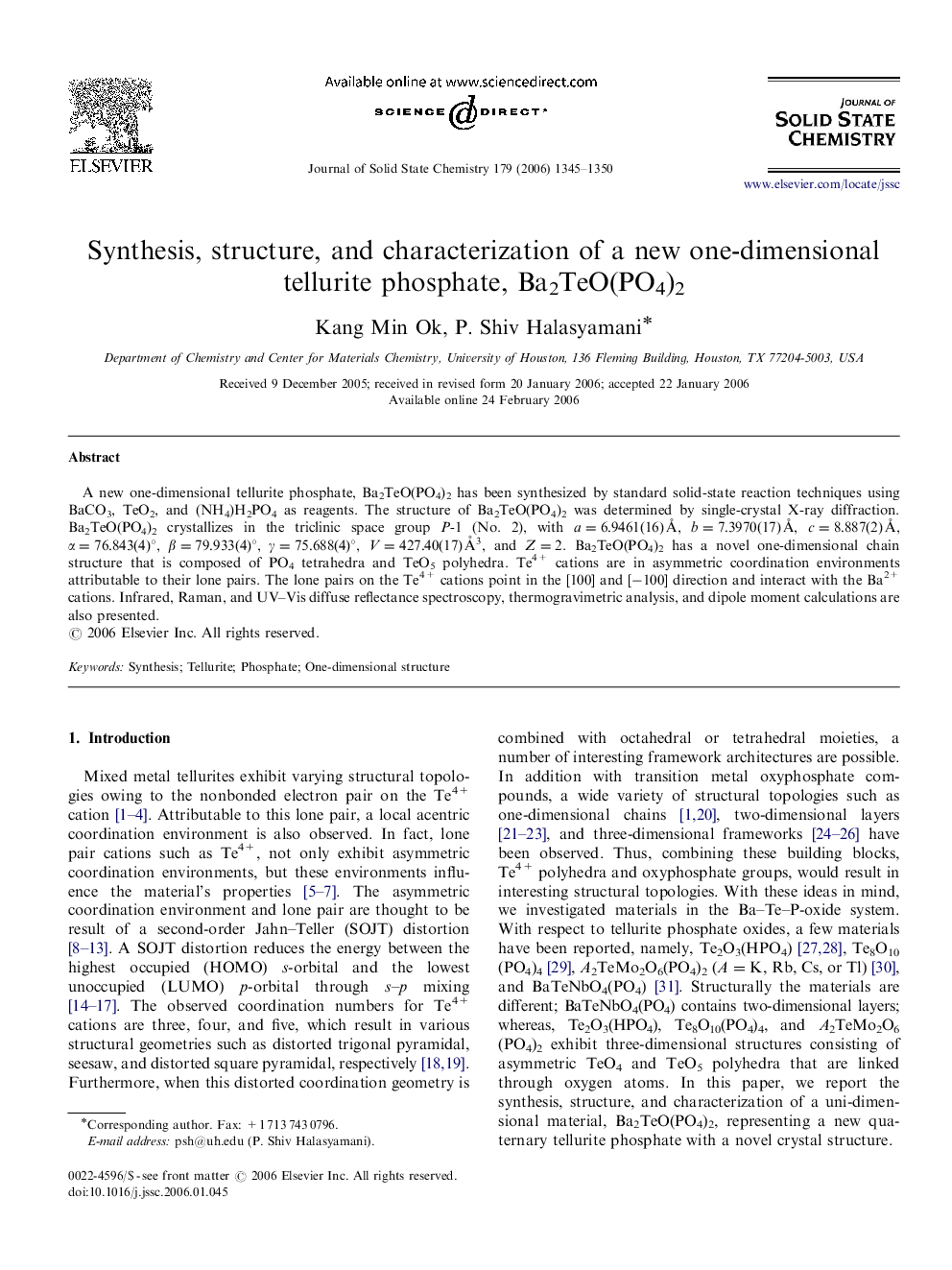 Synthesis, structure, and characterization of a new one-dimensional tellurite phosphate, Ba2TeO(PO4)2