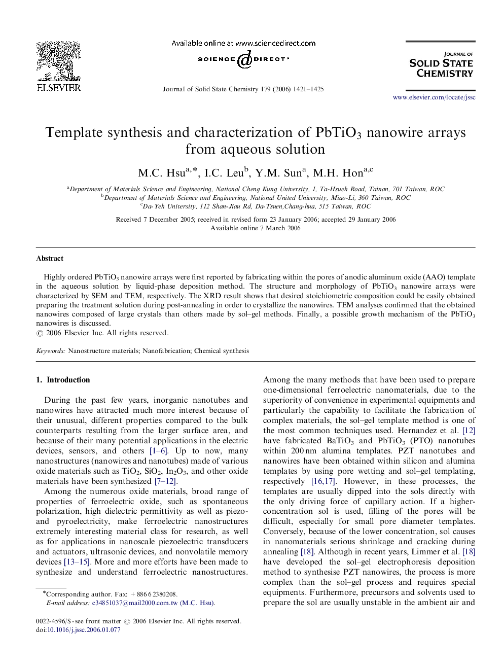 عکس صفحه اول مقاله: Template synthesis and characterization of PbTiO3 nanowire arrays from aqueous solution Template synthesis and characterization of PbTiO3 nanowire arrays from aqueous solution