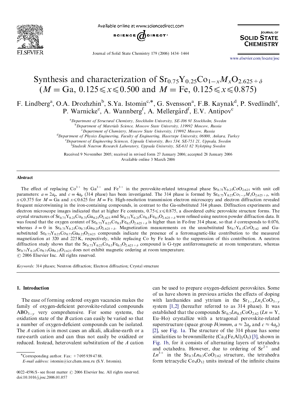 Synthesis and characterization of Sr0.75Y0.25Co1−xMxO2.625+δ (M=Ga, 0.125⩽x⩽0.500 and M=Fe, 0.125⩽x⩽0.875)