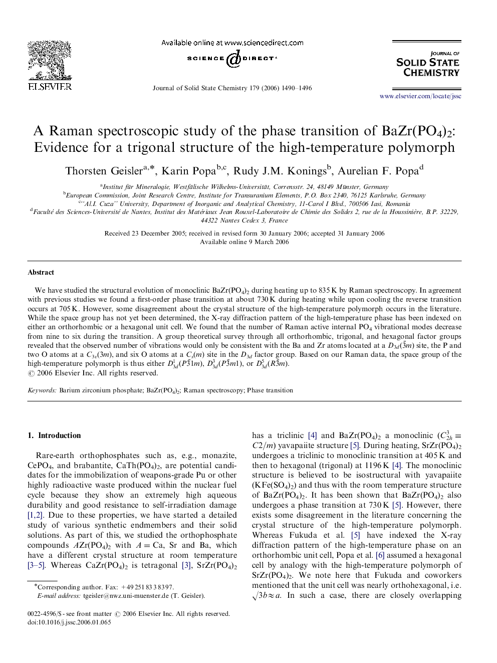عکس صفحه اول مقاله: A Raman spectroscopic study of the phase transition of BaZr(PO4)2: Evidence for a trigonal structure of the high-temperature polymorph A Raman spectroscopic study of the phase transition of BaZr(PO4)2: Evidence for a trigonal structure of the high-temperature polymorph