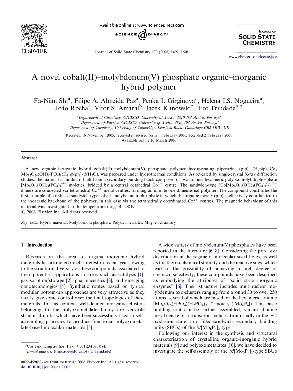 A novel cobalt(II)-molybdenum(V) phosphate organic-inorganic hybrid polymer