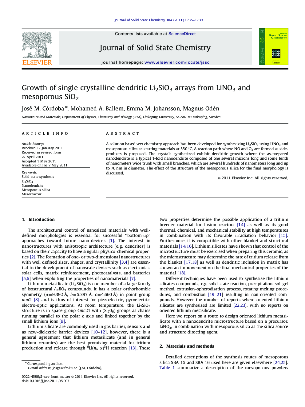 Growth of single crystalline dendritic Li2SiO3 arrays from LiNO3 and mesoporous SiO2