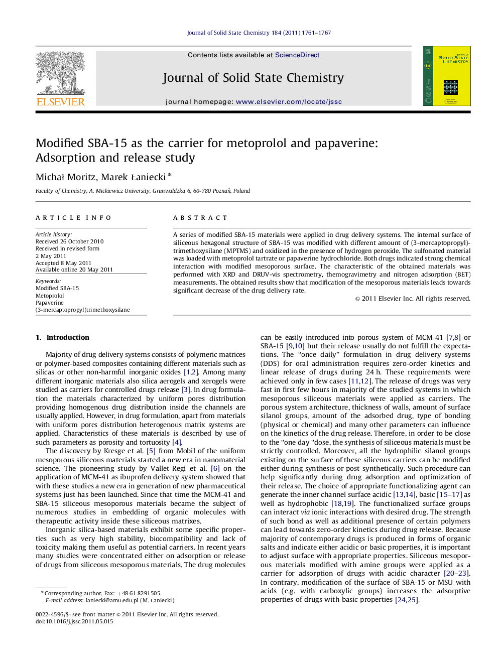 Modified SBA-15 as the carrier for metoprolol and papaverine: Adsorption and release study