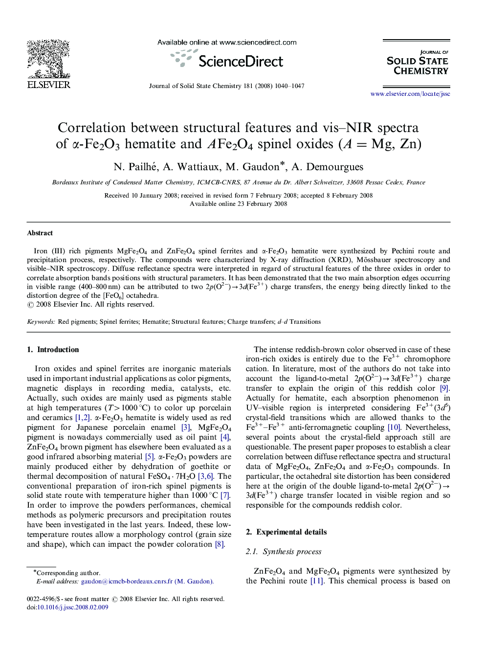 Correlation between structural features and vis–NIR spectra of α-Fe2O3 hematite and AFe2O4 spinel oxides (A=Mg, Zn)