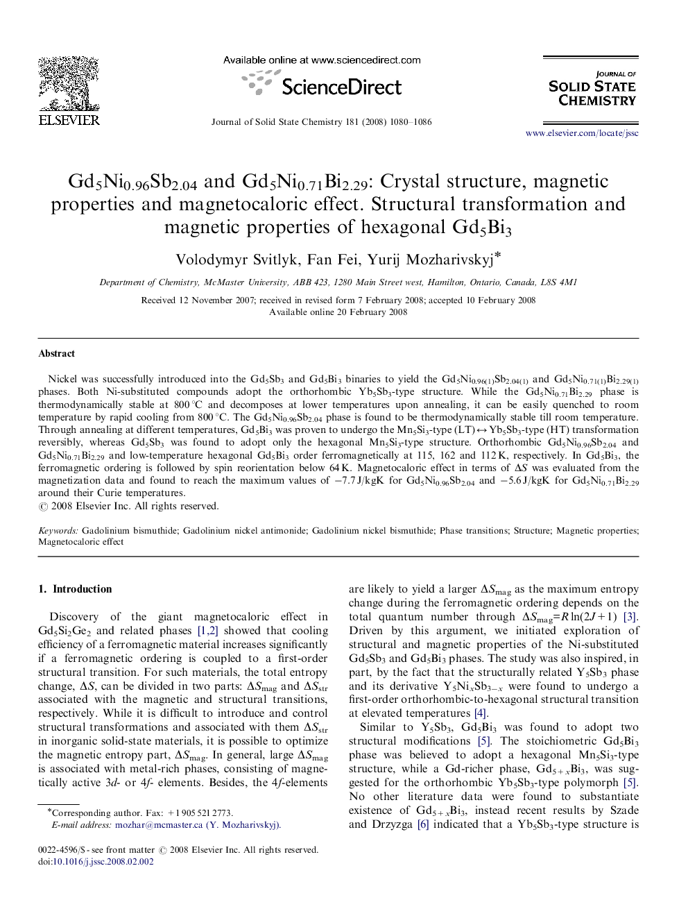 Gd5Ni0.96Sb2.04 and Gd5Ni0.71Bi2.29: Crystal structure, magnetic properties and magnetocaloric effect. Structural transformation and magnetic properties of hexagonal Gd5Bi3