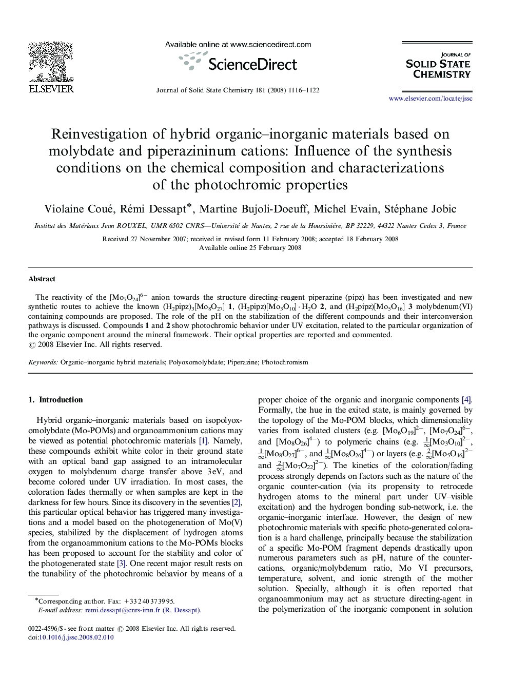 Reinvestigation of hybrid organic–inorganic materials based on molybdate and piperazininum cations: Influence of the synthesis conditions on the chemical composition and characterizations of the photochromic properties