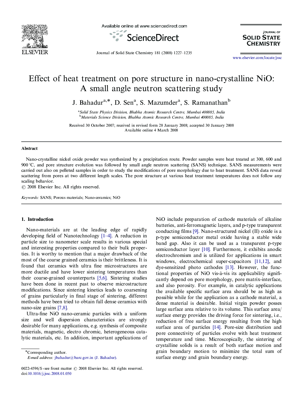 Effect of heat treatment on pore structure in nano-crystalline NiO: A small angle neutron scattering study