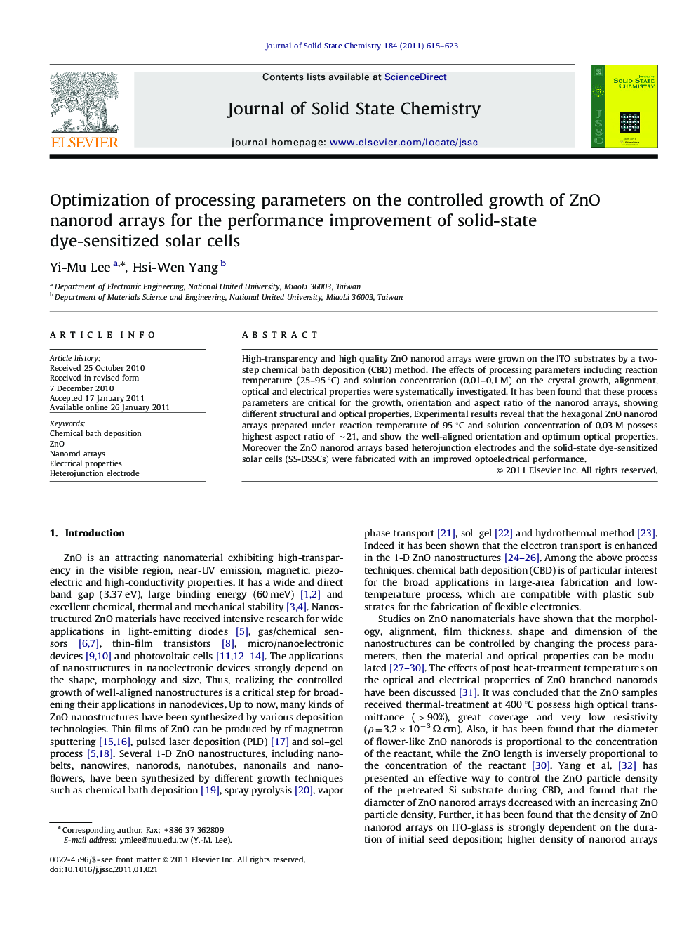 Optimization of processing parameters on the controlled growth of ZnO nanorod arrays for the performance improvement of solid-state dye-sensitized solar cells