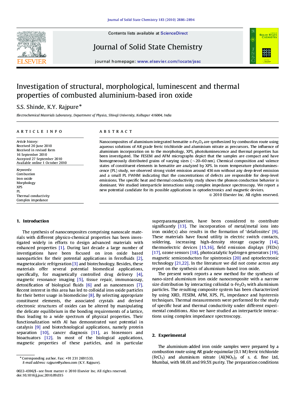 Investigation of structural, morphological, luminescent and thermal properties of combusted aluminium-based iron oxide