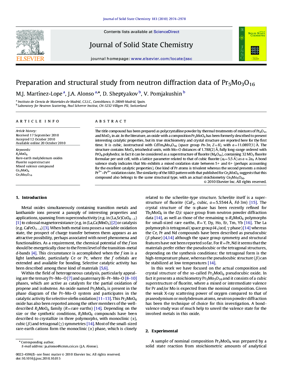 Preparation and structural study from neutron diffraction data of Pr5Mo3O16