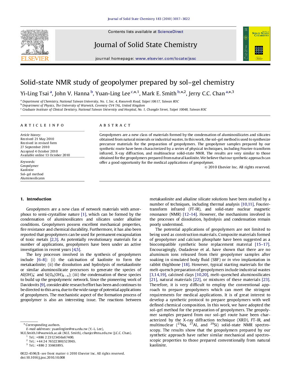 Solid-state NMR study of geopolymer prepared by sol–gel chemistry