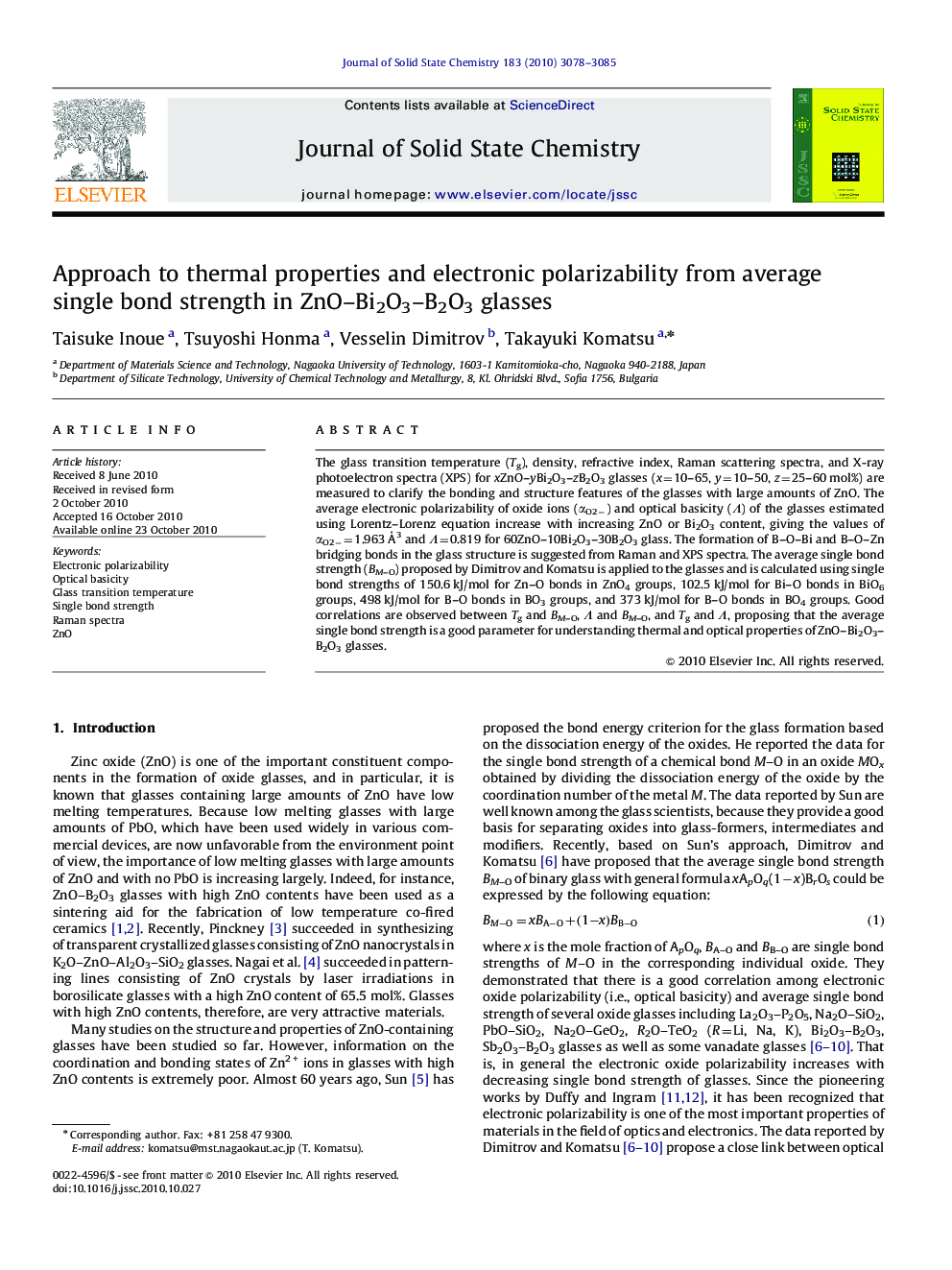 Approach to thermal properties and electronic polarizability from average single bond strength in ZnOBi2O3B2O3 glasses