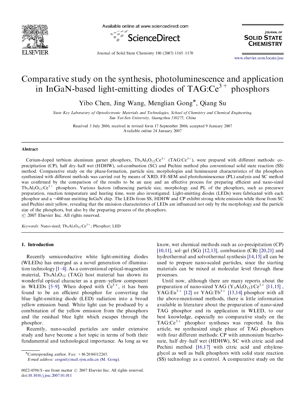 Comparative study on the synthesis, photoluminescence and application in InGaN-based light-emitting diodes of TAG:Ce3+ phosphors