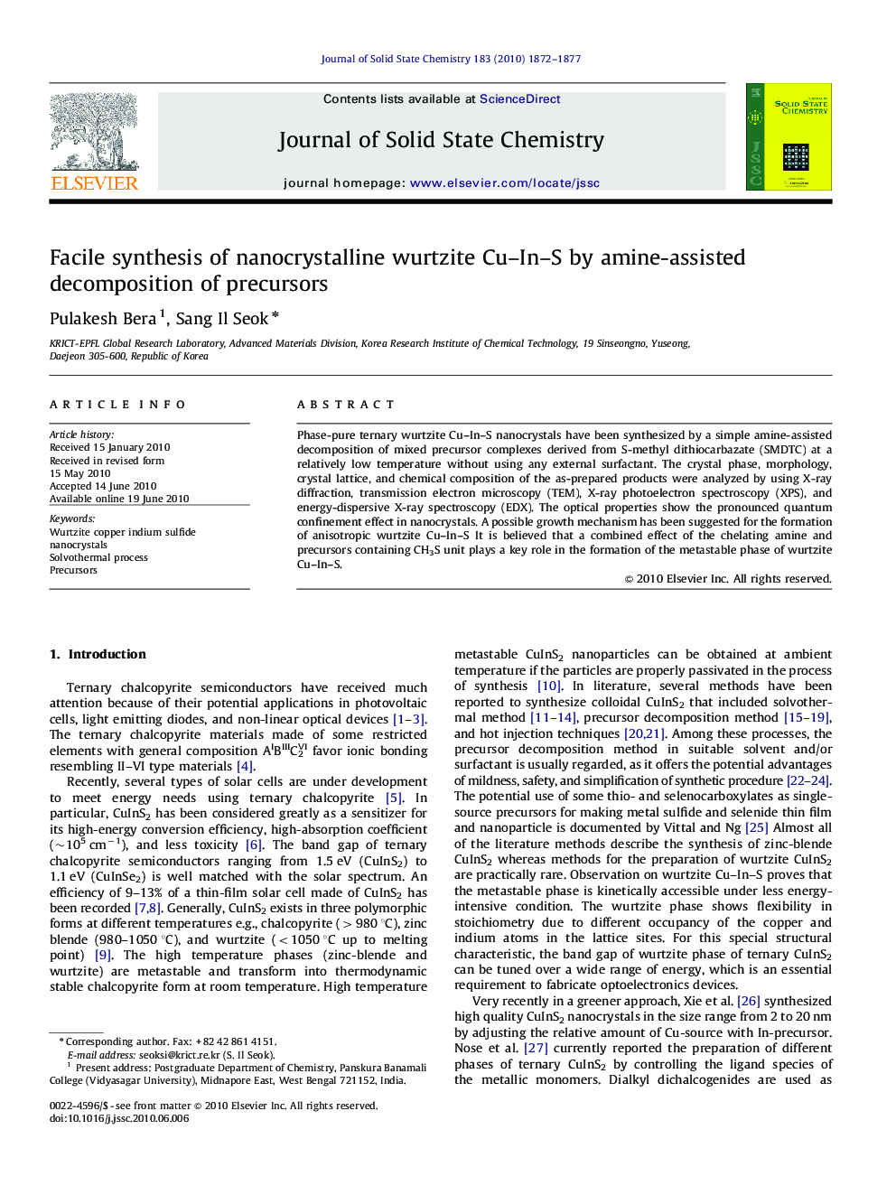 Facile synthesis of nanocrystalline wurtzite Cu–In–S by amine-assisted decomposition of precursors