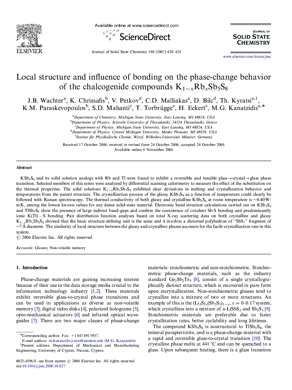 Local structure and influence of bonding on the phase-change behavior of the chalcogenide compounds K1−xRbxSb5S8