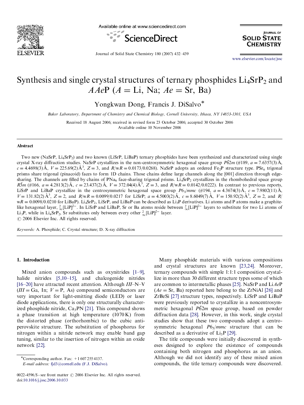 Synthesis and single crystal structures of ternary phosphides Li4SrP2 and AAeP (A=Li, Na; Ae=Sr, Ba)