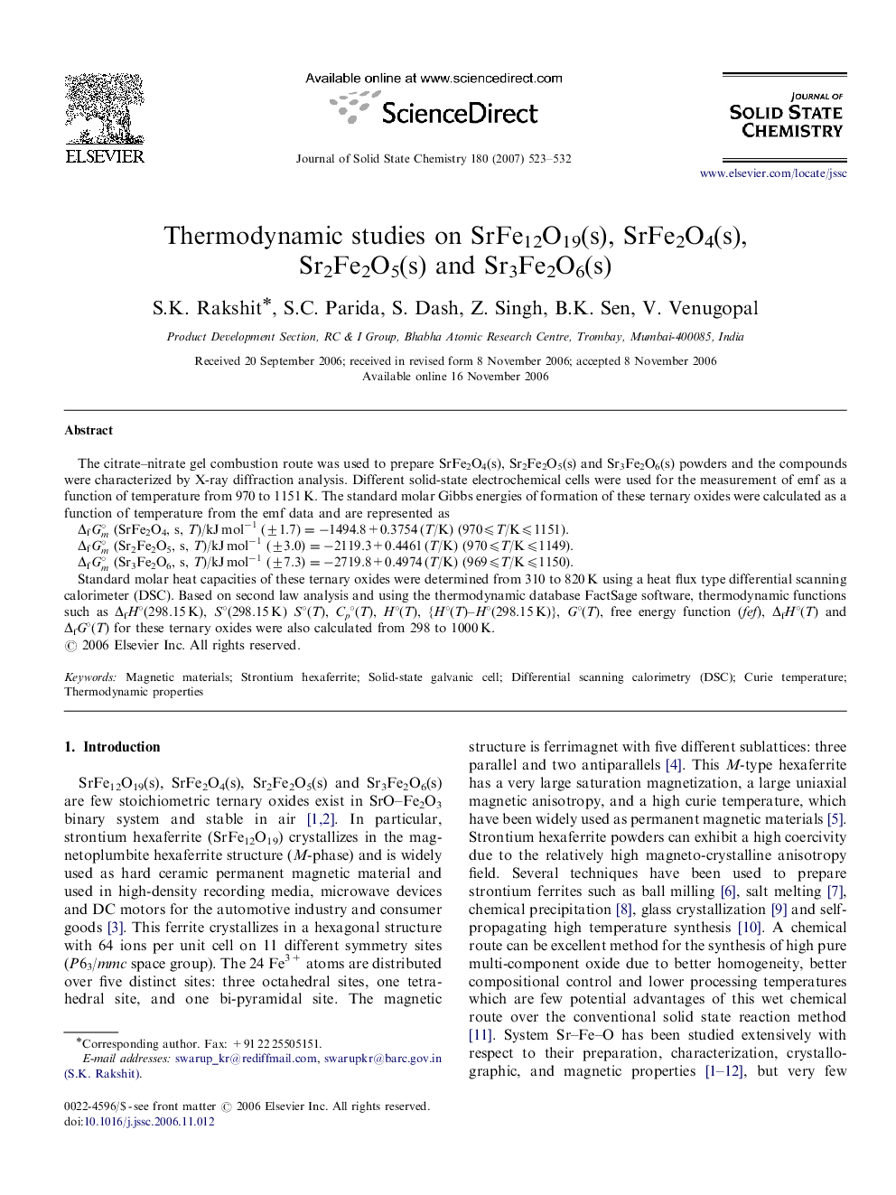 Thermodynamic studies on SrFe12O19(s), SrFe2O4(s), Sr2Fe2O5(s) and Sr3Fe2O6(s)