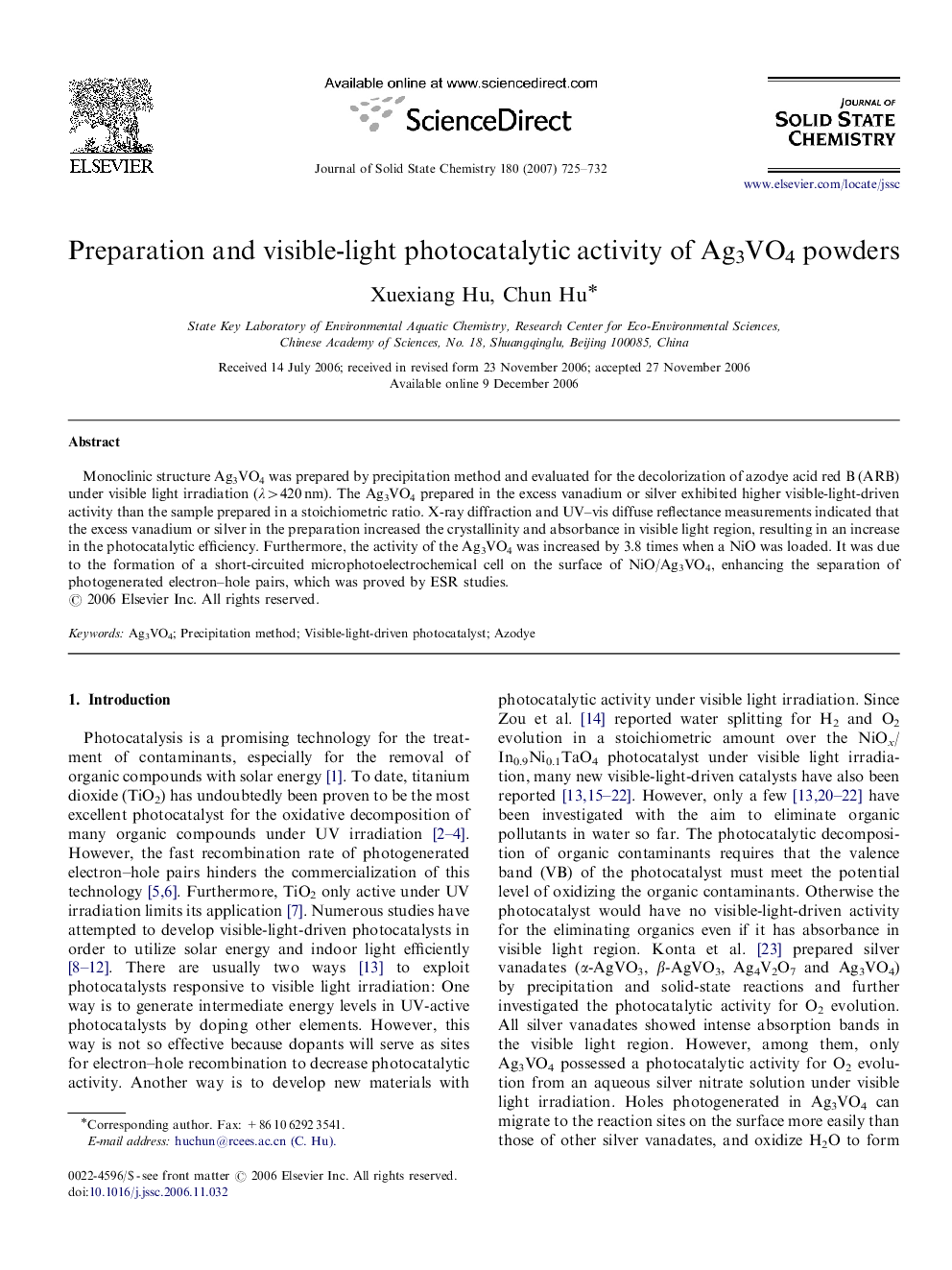 Preparation and visible-light photocatalytic activity of Ag3VO4 powders