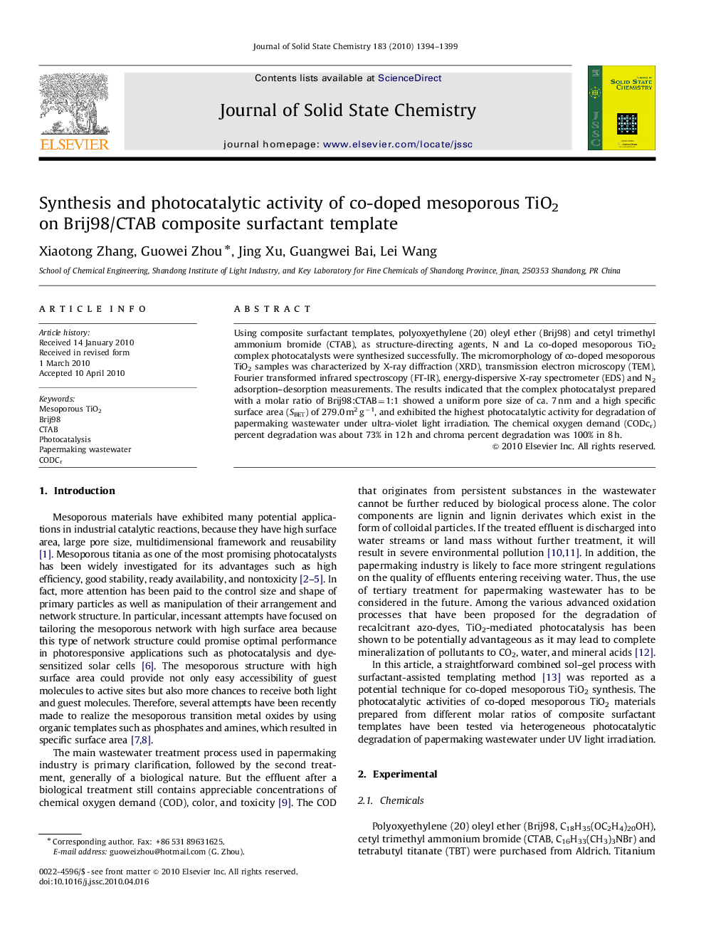 Synthesis and photocatalytic activity of co-doped mesoporous TiO2 on Brij98/CTAB composite surfactant template