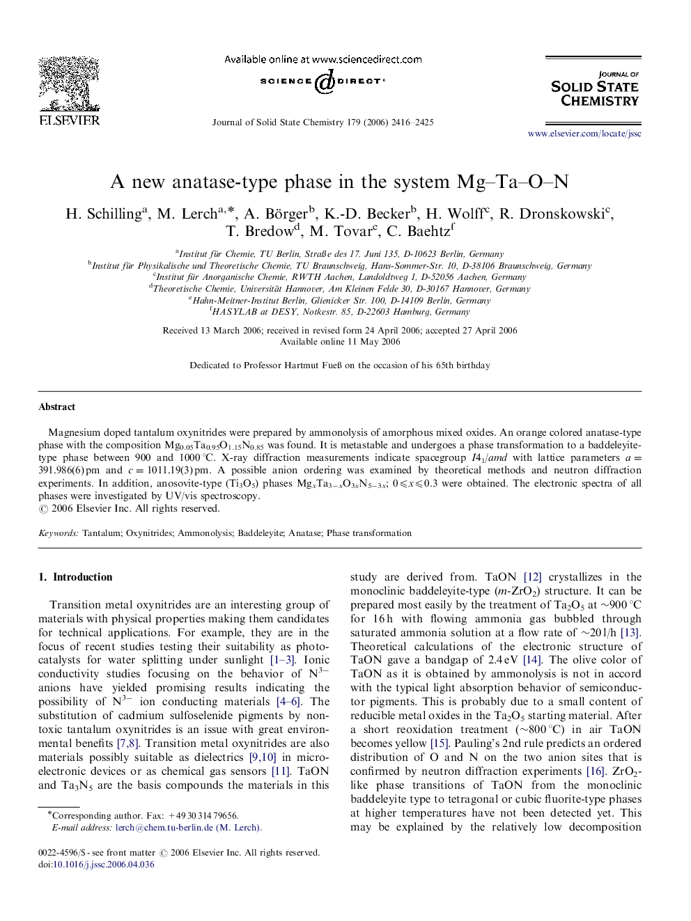 A new anatase-type phase in the system Mg–Ta–O–N