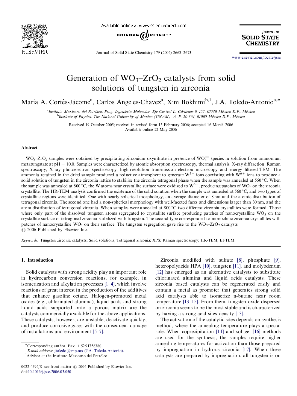 Generation of WO3–ZrO2 catalysts from solid solutions of tungsten in zirconia