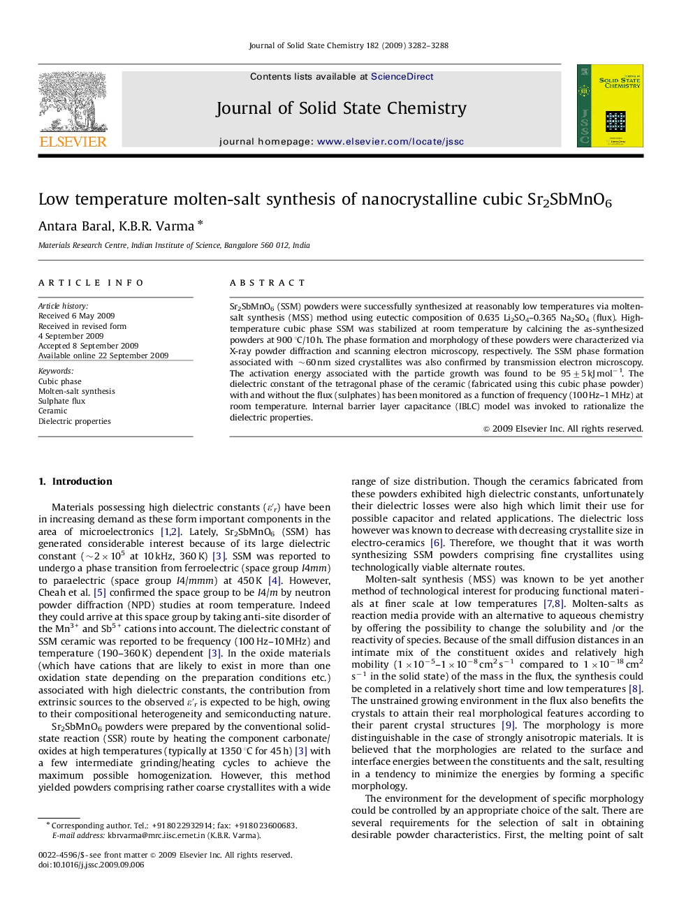 Low temperature molten-salt synthesis of nanocrystalline cubic Sr2SbMnO6