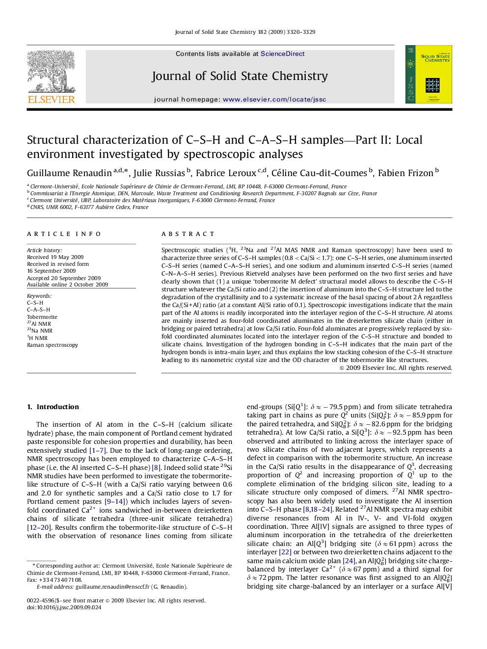 Structural characterization of C–S–H and C–A–S–H samples—Part II: Local environment investigated by spectroscopic analyses