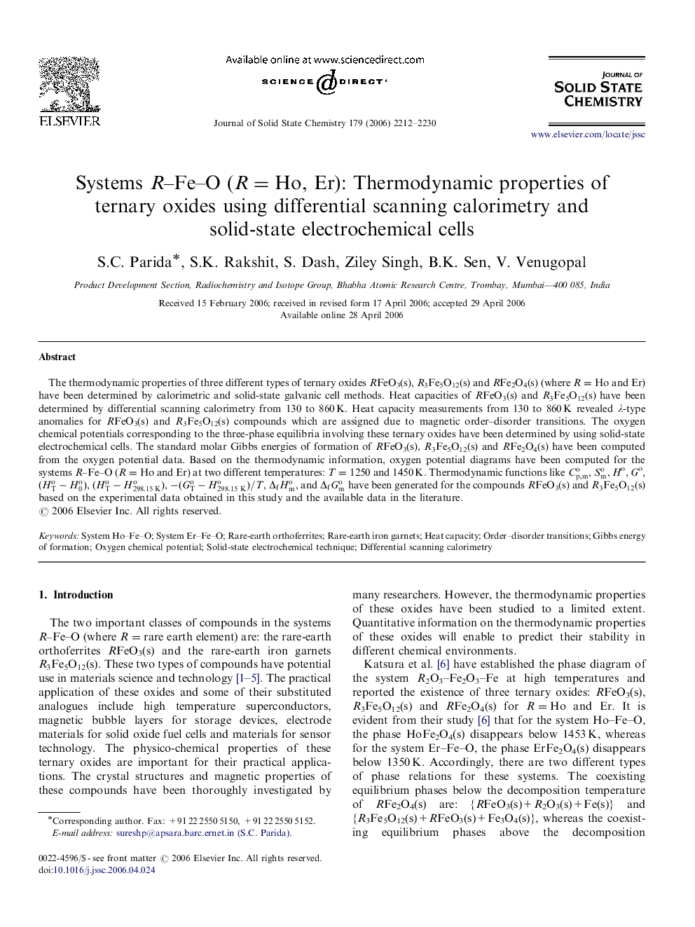 Systems R–Fe–O (R=Ho, Er): Thermodynamic properties of ternary oxides using differential scanning calorimetry and solid-state electrochemical cells