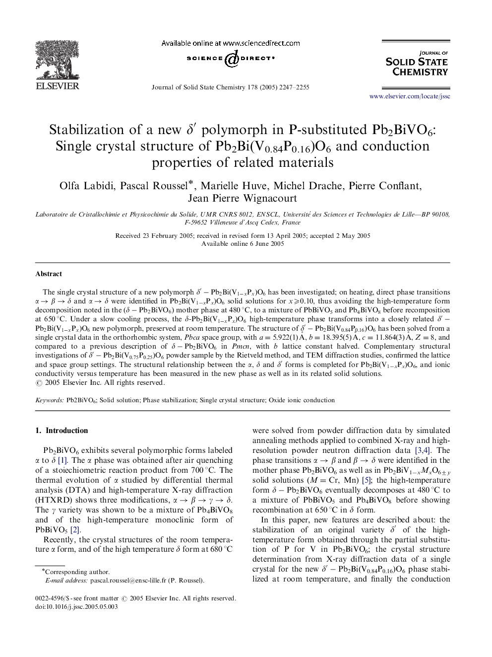 Stabilization of a new δ′δ′ polymorph in P-substituted Pb2BiVO6: Single crystal structure of Pb2Bi(V0.84P0.16)O6 and conduction properties of related materials