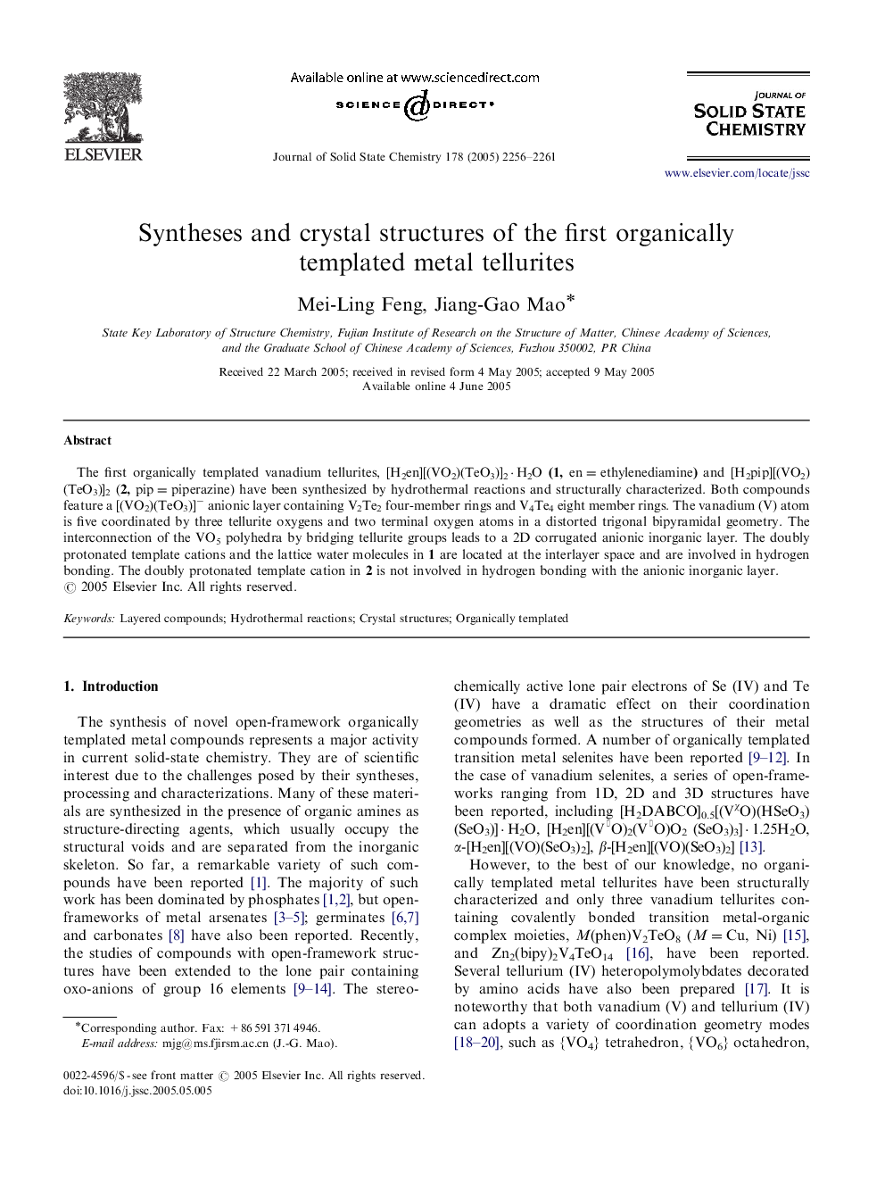 Syntheses and crystal structures of the first organically templated metal tellurites