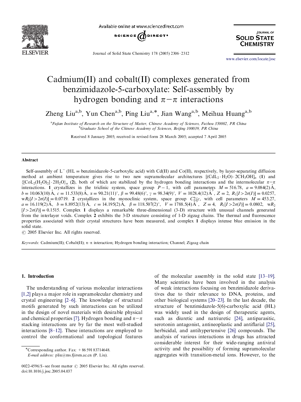 Cadmium(II) and cobalt(II) complexes generated from benzimidazole-5-carboxylate: Self-assembly by hydrogen bonding and Ï-Ï interactions