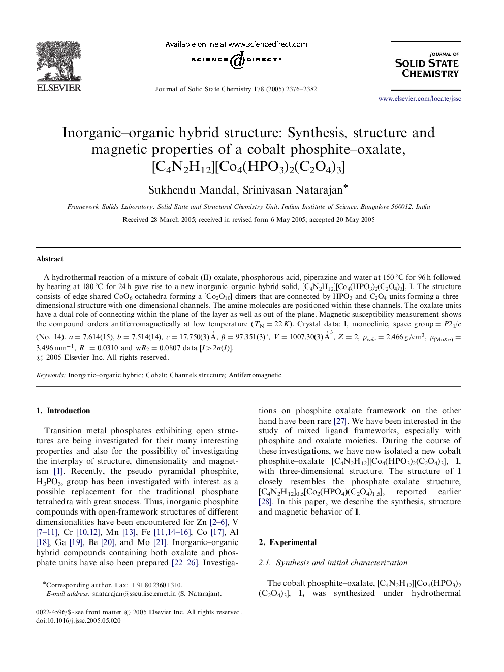 Inorganic-organic hybrid structure: Synthesis, structure and magnetic properties of a cobalt phosphite-oxalate, [C4N2H12][Co4(HPO3)2(C2O4)3]