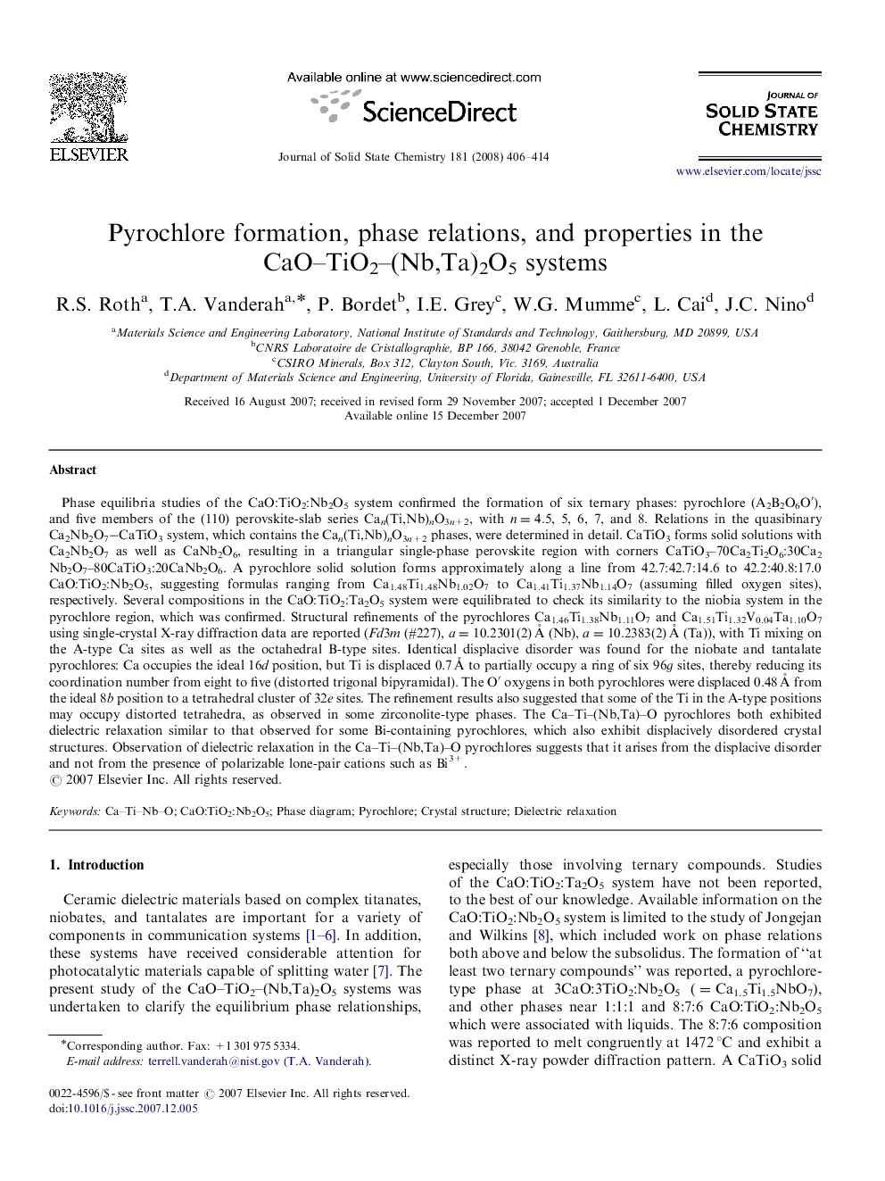 Pyrochlore formation, phase relations, and properties in the CaO–TiO2–(Nb,Ta)2O5 systems