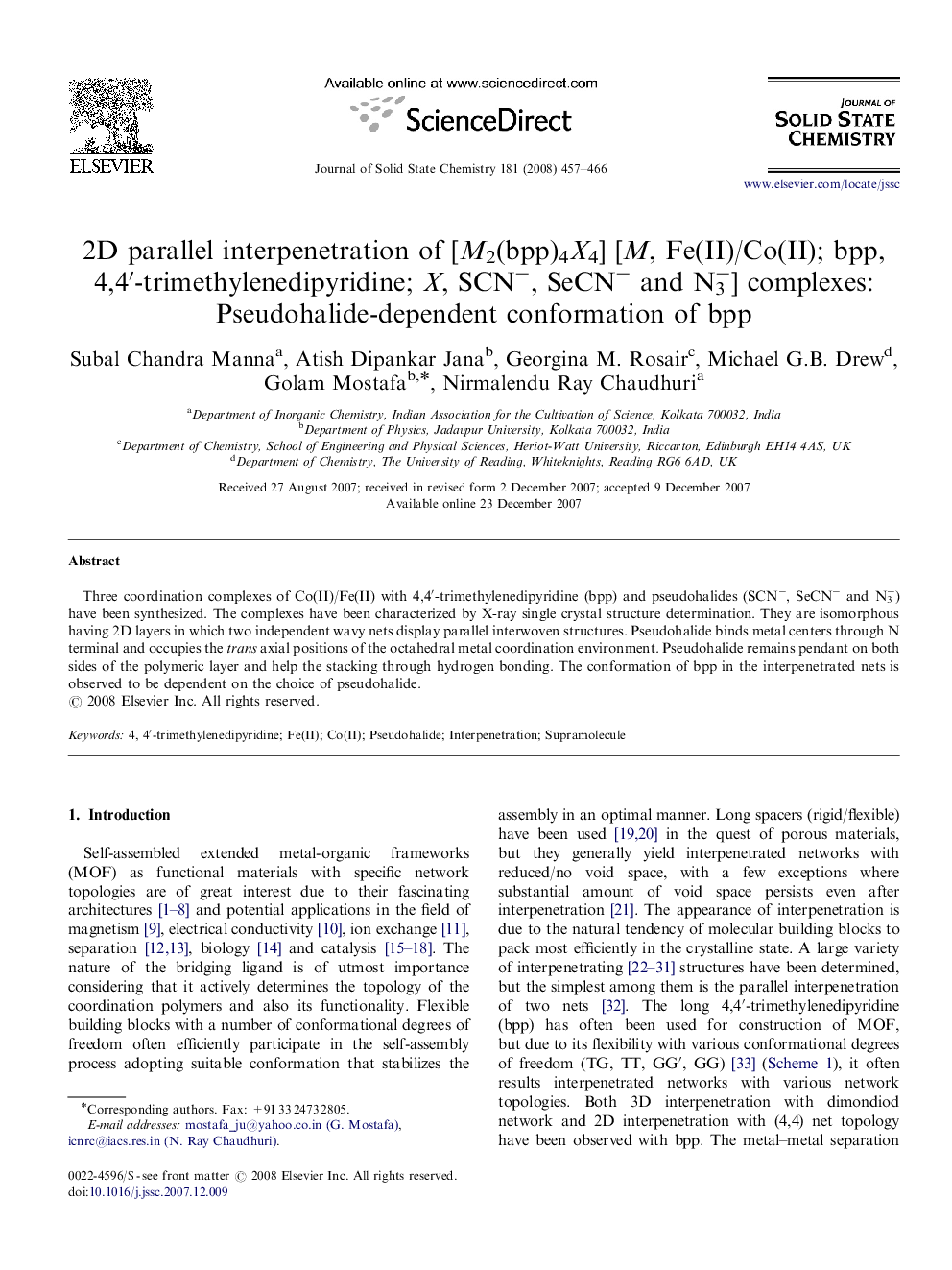 2D parallel interpenetration of [M2(bpp)4X4] [M, Fe(II)/Co(II); bpp, 4,4′-trimethylenedipyridine; X, SCN−, SeCN− and N3−] complexes: Pseudohalide-dependent conformation of bpp