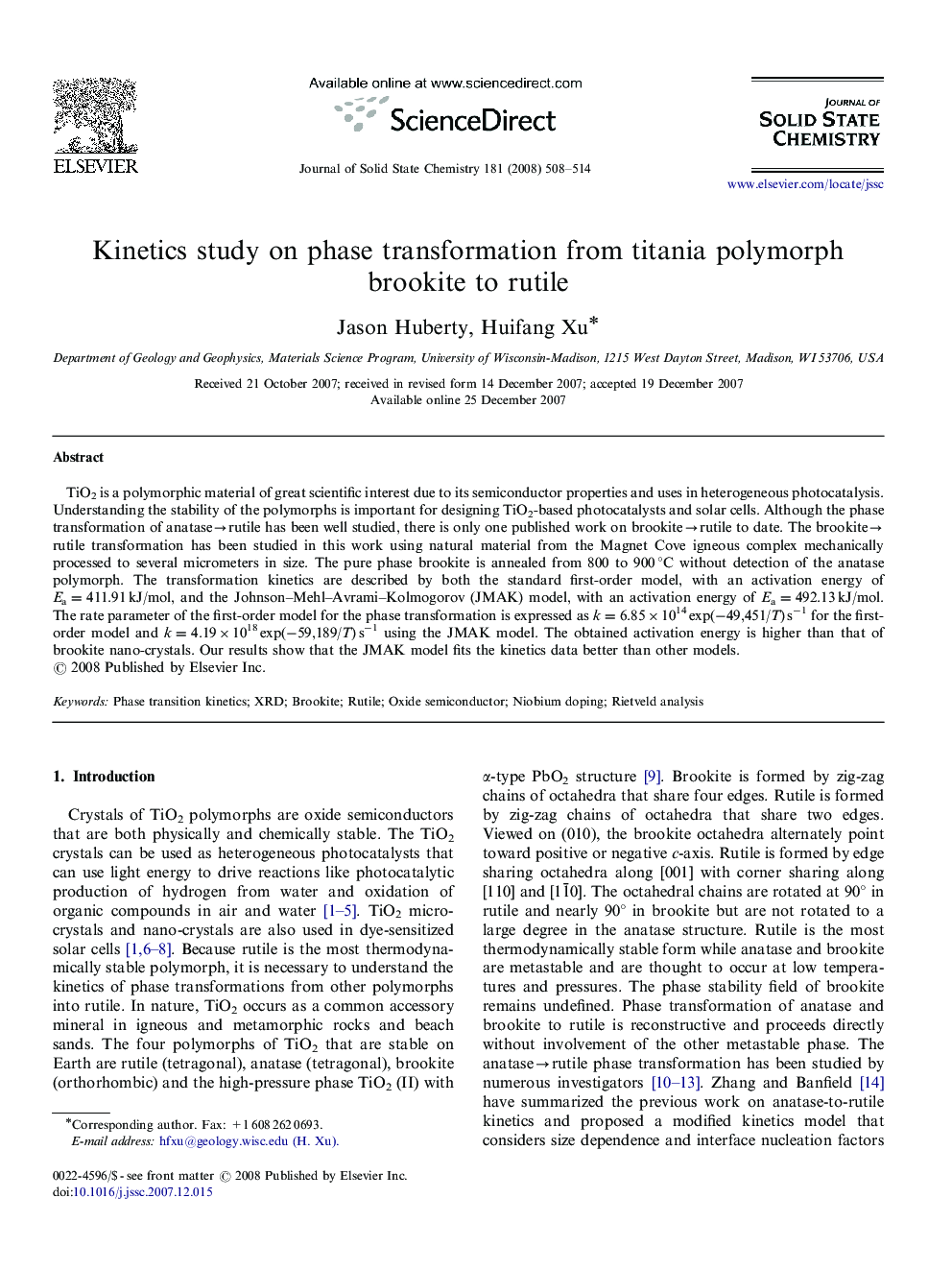 Kinetics study on phase transformation from titania polymorph brookite to rutile