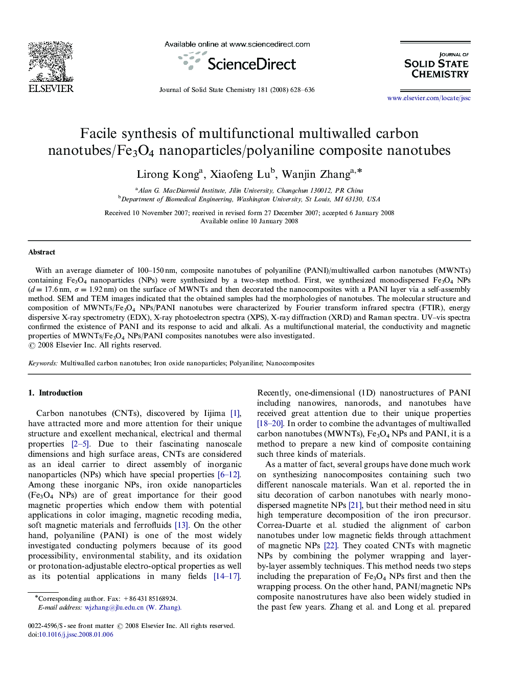 Facile synthesis of multifunctional multiwalled carbon nanotubes/Fe3O4 nanoparticles/polyaniline composite nanotubes