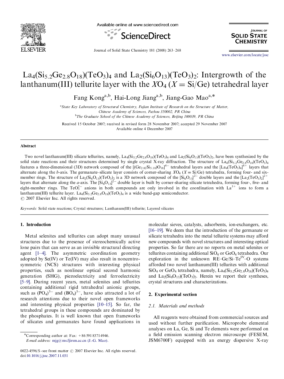 La4(Si5.2Ge2.8O18)(TeO3)4 and La2(Si6O13)(TeO3)2: Intergrowth of the lanthanum(III) tellurite layer with the XO4 (X=Si/Ge) tetrahedral layer