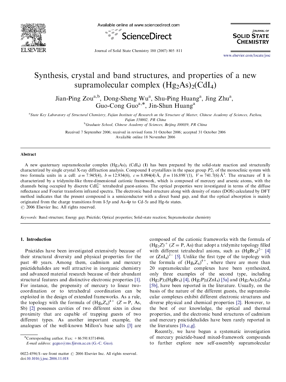 Synthesis, crystal and band structures, and properties of a new supramolecular complex (Hg2As)2(CdI4)