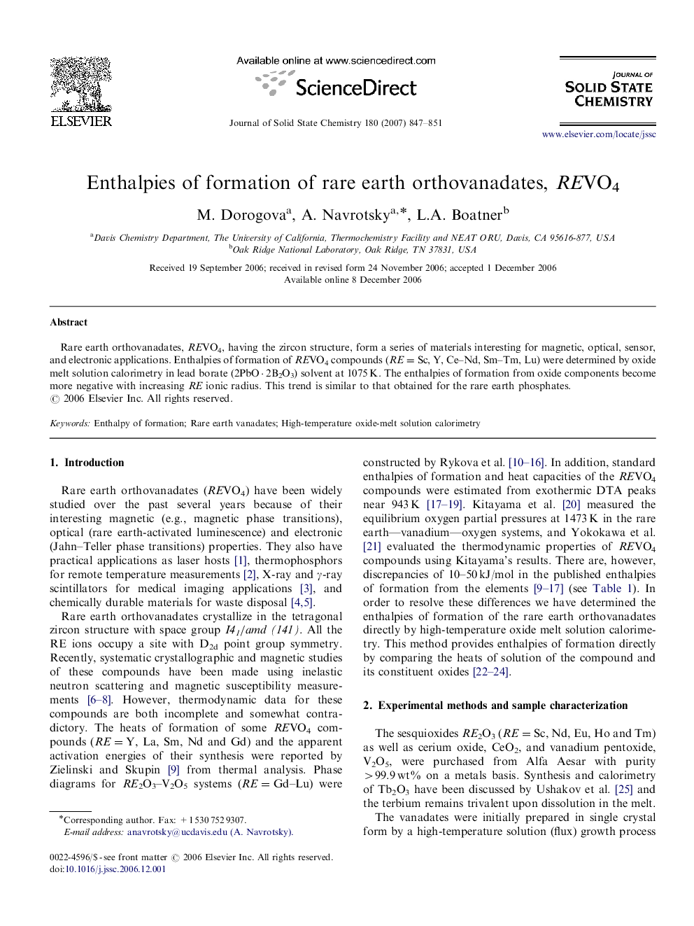Enthalpies of formation of rare earth orthovanadates, REVO4
