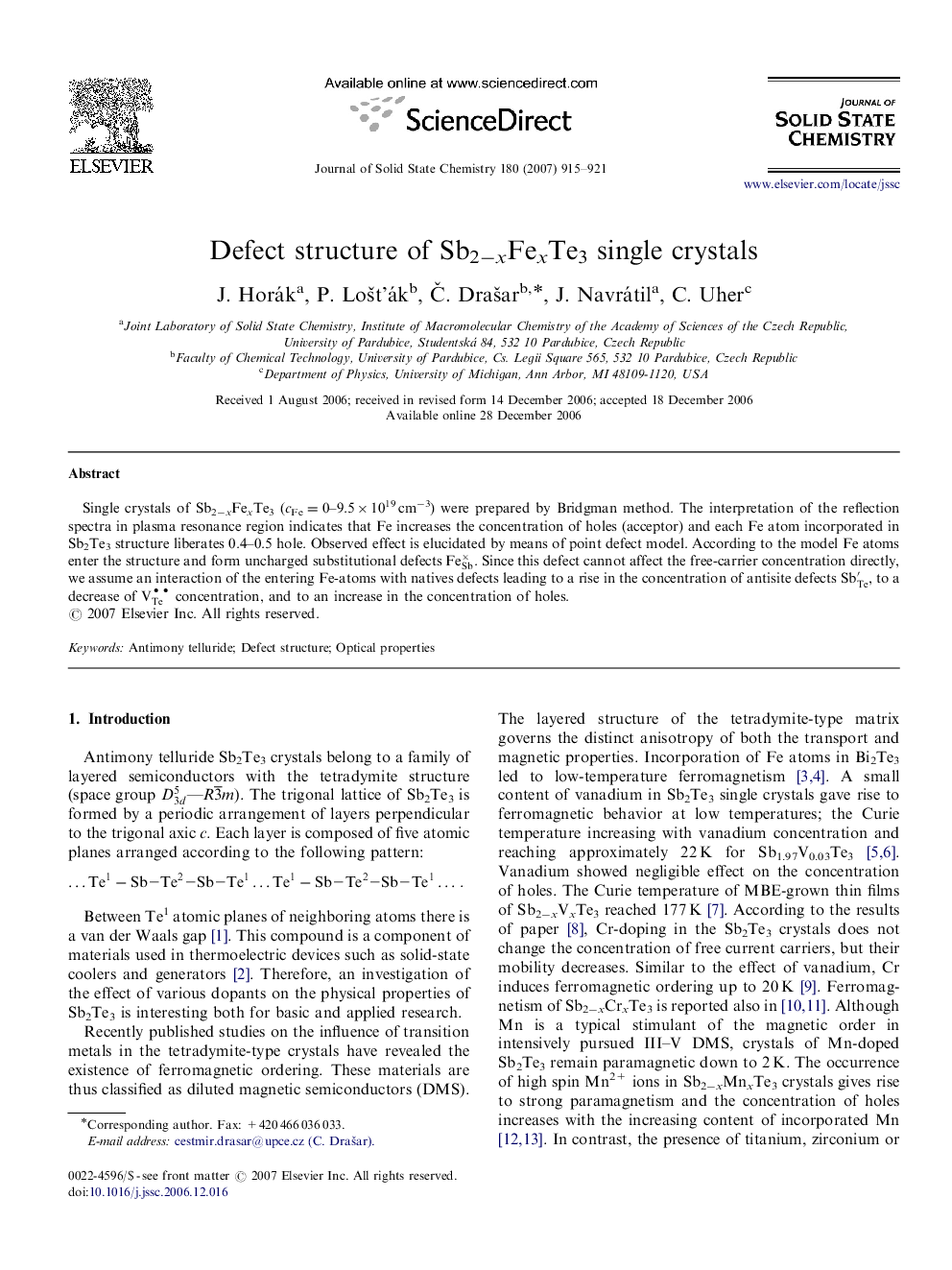 Defect structure of Sb2âxFexTe3 single crystals